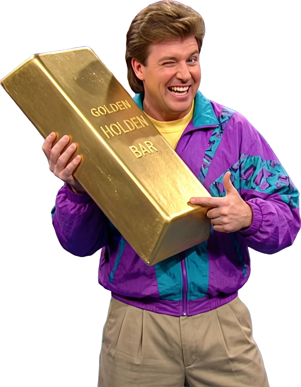 The TV presenter grinning and hugging a giant golden bar
