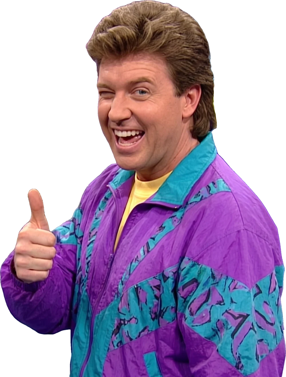 A grinning 1990s TV presenter in a shell suit giving a thumbs up